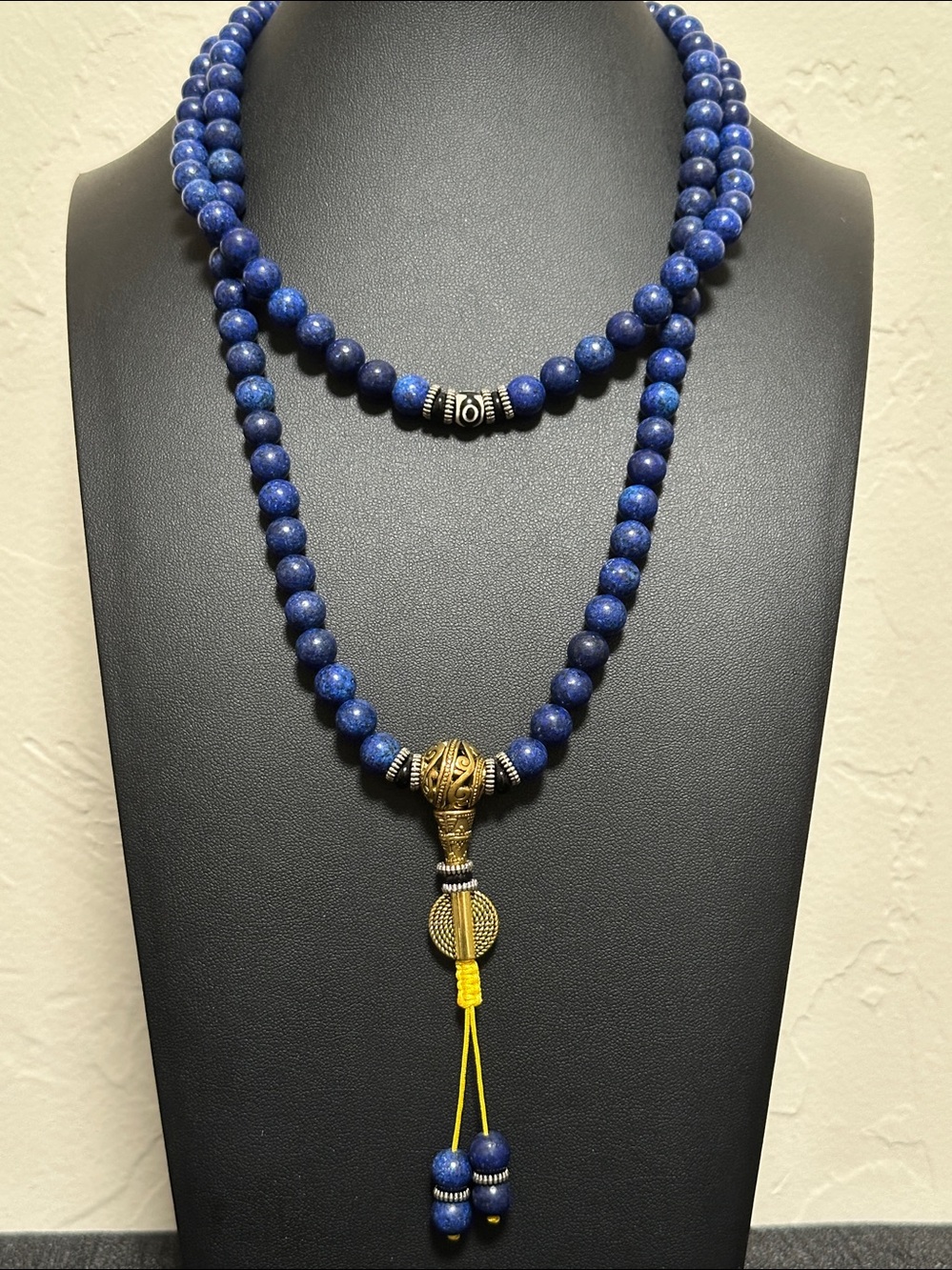 Buddha Stones 108 Beads Lazurite Lapis Lazuli 3-eyed Dzi Bead Necklace - Picture 5 of 12